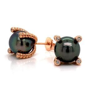 Diamond Large Tahitian Pearl Earrings 14k Gold 9.7 mm Certified $3,450 011914